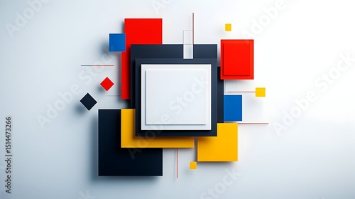 A white square framed in black, sits amongst layered red, blue, yellow, and black squares and diamonds on a white background, creating a geometric, abstract composition