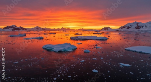 Fototapeta Naklejka Na Ścianę i Meble -  Antarctic landscape icebergs sunset ocean mountains reflection scenic travel