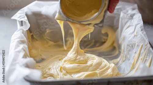 Pouring batter from a metal container into a parchment paper lined square baking pan for baking dessert