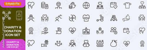 Charity and Donation set of web icons in line style. Volunteering and donation icons for web and mobile app. Help, caring, solidarity, alms, donate, volunteer, care, icon Set design