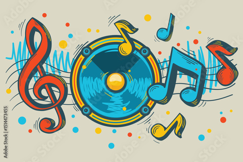 Colorful drawn loudspeaker with music notes - musical design