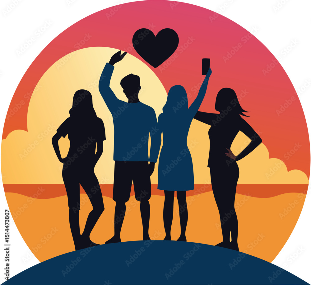 Fototapeta premium Summer Beach Vacation Silhouettes with Palm Trees and Surfboards, Relaxing Beach, Minimal Summer Treats Silhouettes with Ice Cream, Watermelon, and Lemonade