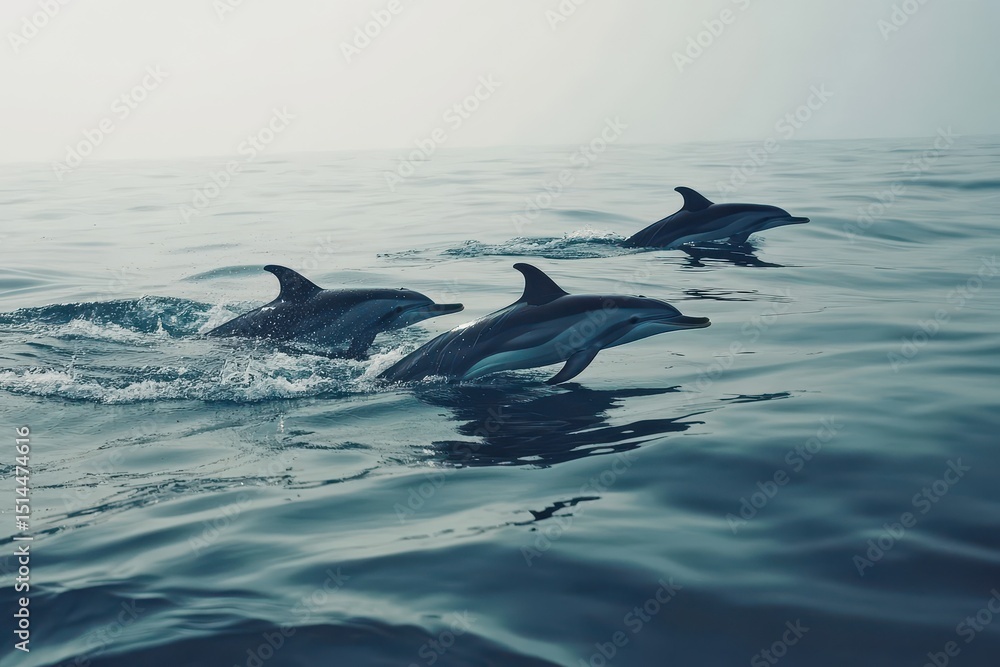 Obraz premium Dolphins gracefully swim through calm ocean waters at dawn, Serene and tranquil wild ocean nature Dolphins swim in Sri Lanka sea