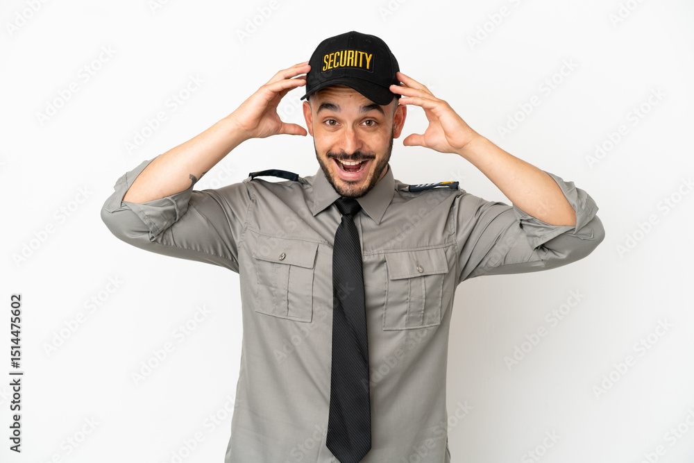 Fototapeta premium Young security caucasian man isolated on white background with surprise expression