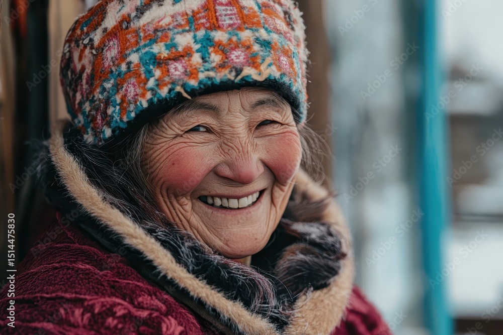 Old woman smiling outside in winter attire during a sunny day, Old woman smiling outside during the day Old woman smiling outside in winter attire during a sunny day, Old woman smiling outside during the day