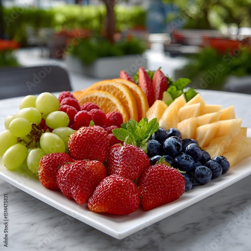 Assorted fresh fruit platter on white plate