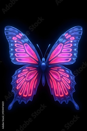 Neon Butterfly on Black Background: The illustration of a butterfly features a radiant display of neon-like colors, creating a striking visual on a solid black background.