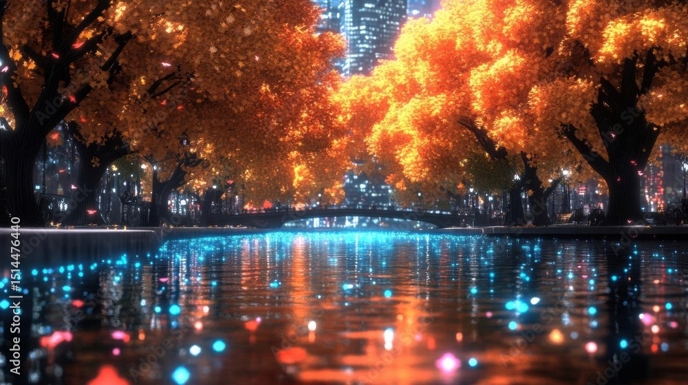Fototapeta premium Autumn Night Cityscape: Canal Reflections