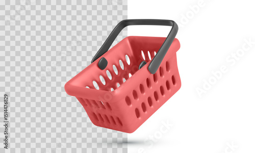 Plastic Shopping Basket With Black Handles In Isometric 3D Style. Vector Illustration Of Empty Grocery Cart For Supermarket, Retail Store, Market Or E-Commerce Design Project.