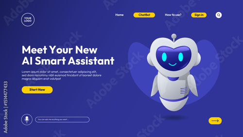 Futuristic AI assistant landing page with chatbot robot, voice input, glowing UI elements and modern interface. Friendly design for websites, apps, or tech startups.