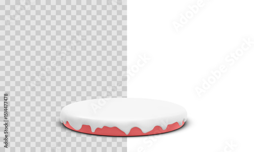 Christmas Podium With Melting Snow On Top In 3D Style, Red Base And White Frosted Surface, Perfect For Holiday Mockups, Festive Display Scenes Or Winter Product Presentation. Vector Illustration