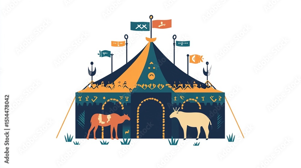 Ornate, conical tent with symbolic animal figures (deer, elk) flanking arched entrance; featuring flags, geometric patterns, and stylized ancient script on dark teal canvas Ornate, conical tent with symbolic animal figures (deer, elk) flanking arched entrance; featuring flags, geometric patterns, and stylized ancient script on dark teal canvas