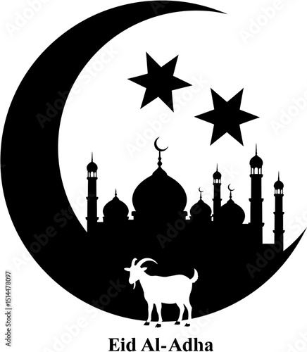 Eid AlAdha graphic with mosque silhouette moon stars  goat