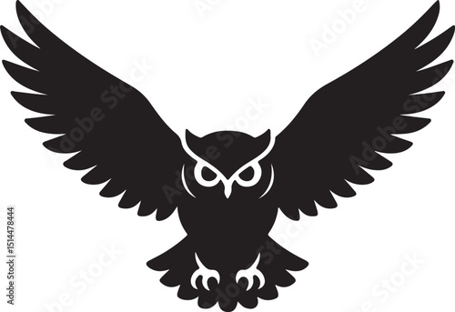 Flying owl silhouette with wide wings in attack stance