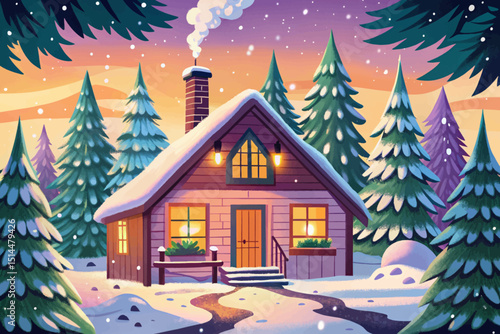 Cozy winter cabin nestled vector in a snowy forest glade illustration, with a warm glow emanating from its windows cartoon
