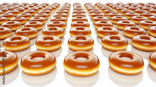 Many glazed donuts are arranged in multiple even parallel rows
