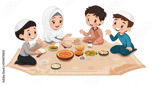 Happy Muslim children joyfully share a meal together on a patterned mat, surrounded by various dishes and drinks, showcasing a cheerful family gathering