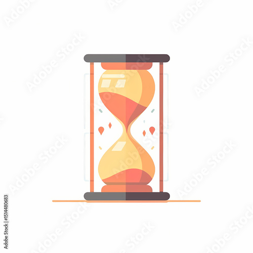 Time Passing: An hourglass, a symbol of time's fleeting nature, elegantly designed in a vibrant, flat style. The sand slowly flows, representing the passage of time and the ephemerality of moments. 