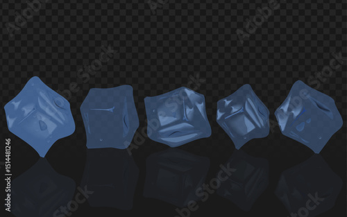 
Blue ice cubes with realistic reflections on a dark, transparent background. Ideal for beverage, refreshment, and cold drink promotions.