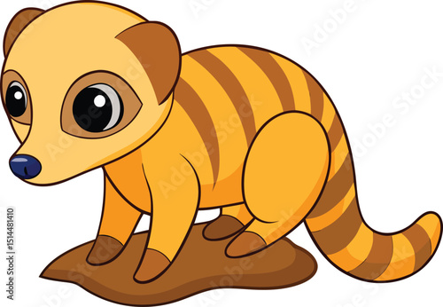 Playful meerkat digging in the desert on white background