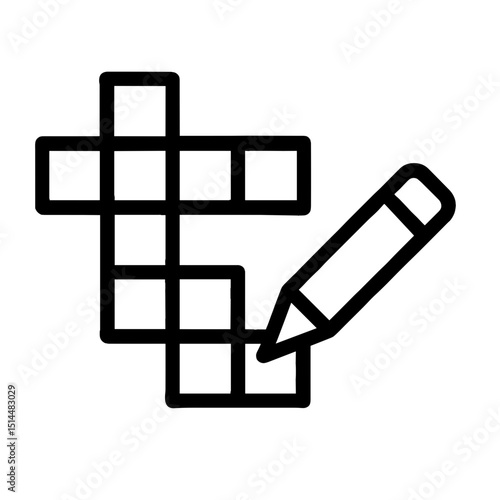 Black line icon of crossword puzzle with pencil, symbol of word game or brain teaser