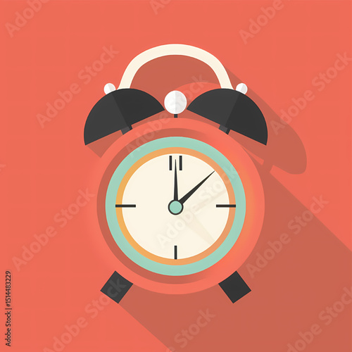 Vintage Alarm Clock: A stylized vintage alarm clock stands boldly, the focus is the red dial, casting a shadow against a vibrant backdrop. a timeless classic and wake up and getting started