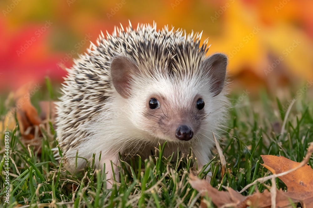 Fototapeta premium Hedgehog explores fall foliage on ground