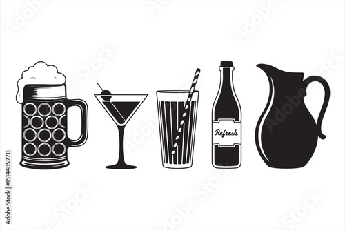 Set of Silhouettes Featuring Popular Drinks for Alcohol and Cocktail Designs
