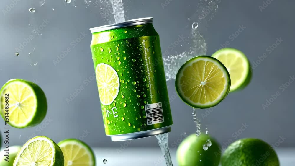 Can of soda is flying through the air with a bunch of lime slices. Concept of fun and excitement, as if the soda can is being thrown in the air for a party or celebration