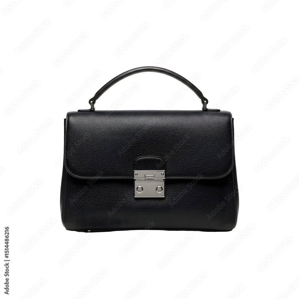 Sleek black leather handbag with silver clasp and top handle on white background Sleek black leather handbag with silver clasp and top handle on white background