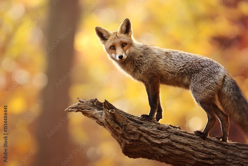 Obraz premium Fox poses on fallen autumn tree