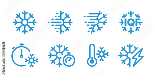 Rapid freeze Icons with frozen snowflake symbol for IQF Individual Quick Freezing technology, Vector Illustration