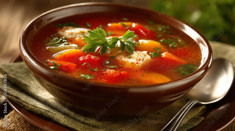 Warm bowl of hearty vegetable and chicken soup with fresh herbs and vibrant ingredients in a rustic setting for comfort and nutrition Warm bowl of hearty vegetable and chicken soup with fresh herbs and vibrant ingredients in a rustic setting for comfort and nutrition