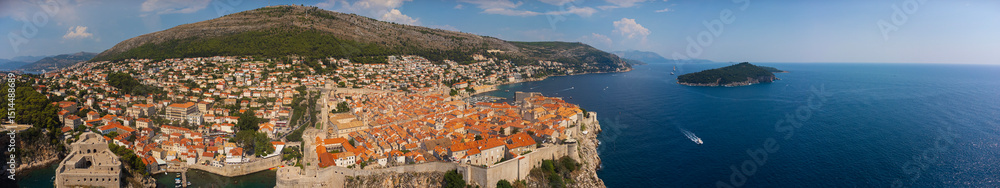 Obraz premium Aerial panorama of the coastal city of Dubrovnik. High angle view of the Croatian coast and the old town summer tourist attraction