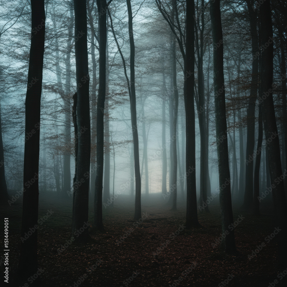 Naklejka premium Ethereal forest scene with dense fog and tall trees creating a moody atmosphere