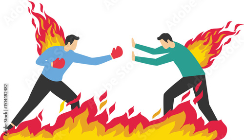 Conflicts and contradictions, quarrels, arguments or rivalries, two businessmen with their backs on fire trying to attack each other stock illustration

