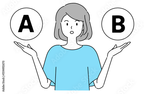 手の平の上でAとBという選択肢を見せている若い女性