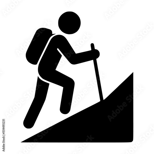 A minimalist vector icon of a hiker climbing uphill in black silhouette