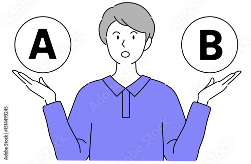 手の平の上でAとBという選択肢を見せている若い男性