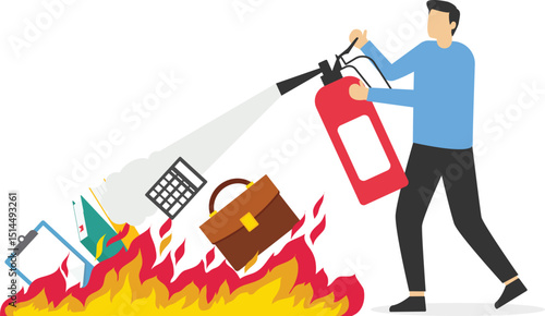 The concept of psychotherapy for work. Tired businessman uses fire extinguisher to extinguish burning briefcase. flat vector stock illustration

