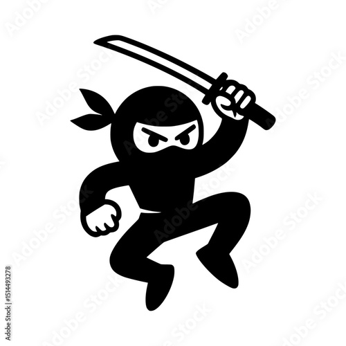 A stylized ninja silhouette in black and white