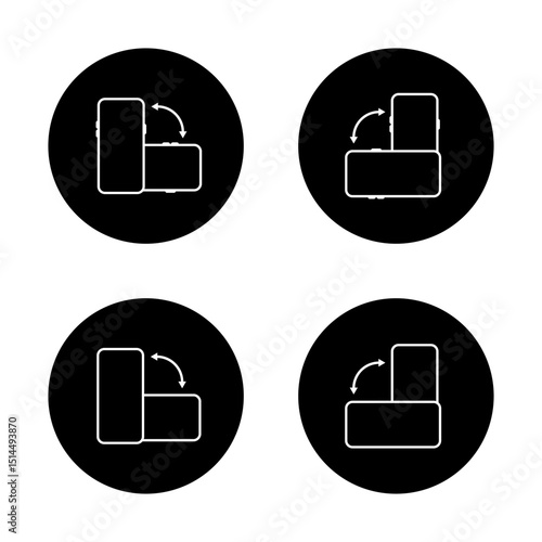 Auto rotate smartphone icon set on black circle. Phone rotation sign symbol
