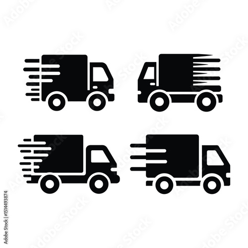 Vector set of transport vehicle icons including trucks, cars, vans, and buses for delivery and cargo shipping illustrations