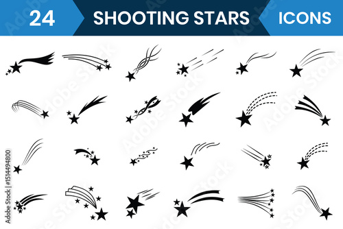 Shooting stars icon vector set design. Abstract Meteorite and flying comet symbols with tail. Silhouette of shooting star, falling meteor, abstract galaxy element. Vector illustration.