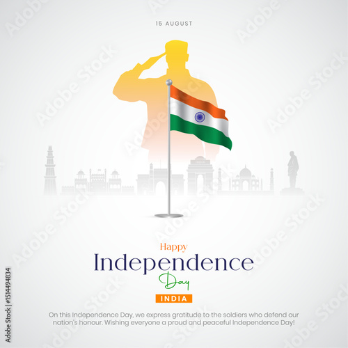 Happy Independence Day India Social Media Post and Greeting Card. 15 August - Indian Independence Day Celebration Flyer Template with Text