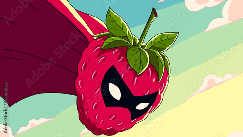 Superhero Strawberry in Flight: Vibrant Cartoon Illustration