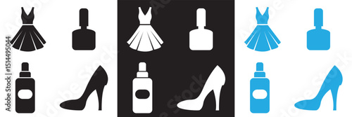 Fashion and beauty icon collection. Mirror, shower, dress, jewelry, cosmetics icons. Vector for websites, mobile interfaces, presentations, banner, visual branding etc. Vector illustration. EPS 10