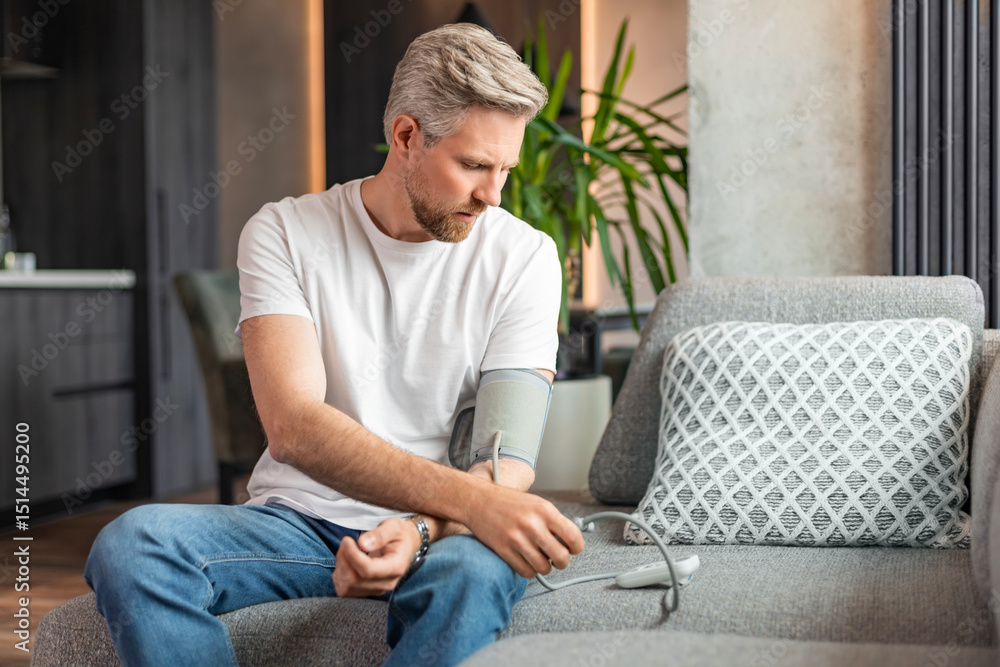 Fototapeta premium Fair-haired, bearded guy checking blood pressure at home, using tonometer while sitting on couch in living room, copy space.