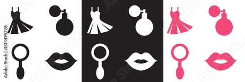 Fashion and beauty icon collection. Mirror, shower, dress, jewelry, cosmetics icons. Vector for websites, mobile interfaces, presentations, banner, visual branding etc. Vector illustration. EPS 10