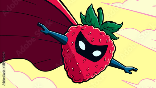 Super Strawberry Superhero in Flight, Cartoon Illustration